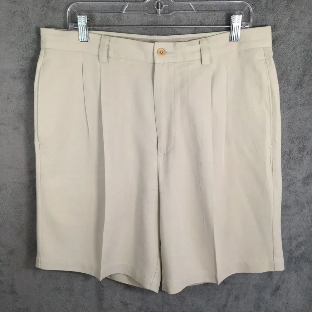 Tommy Bahama Shorts Mens 34 Beige 100% Silk Pleated Golf Resort Chino Preppy - Picture 1 of 6